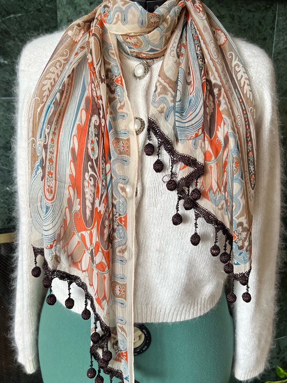 VTG DECO 100% Silk Paisley Oblong Scarf Crochet Tassel Ball Fringe Earthy Boho